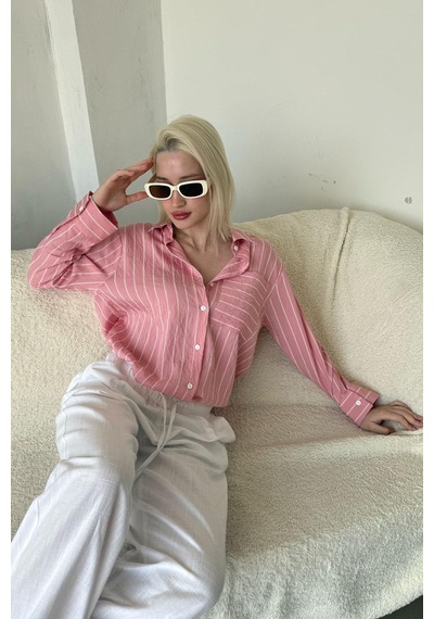 Madmext Pembe Çizgili Cepli Kadın Gömlek Mg2345 Pembe