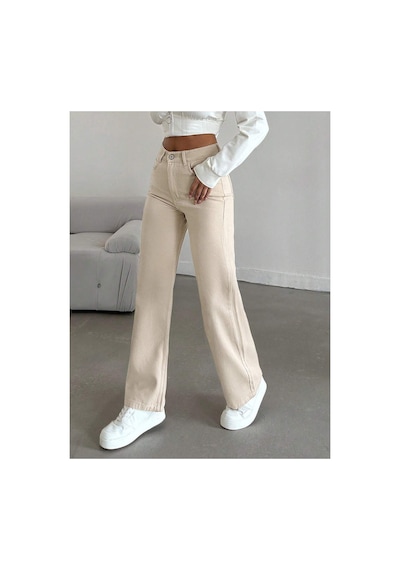 Kene Jeans Yüksek Belbej Keten Bol Paça Tam Kalıp Pantolon Bej