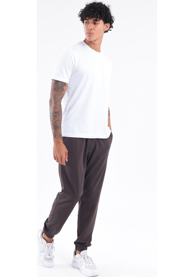 Rowinger Modal İnterlock Kumaş Nakış Logolu Paçası Lastikli Erkek Jogger Eşofman Altı Brown