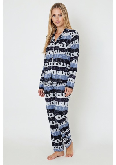 Luxury Soft Lacivert Çam Ağacı Desenli Uzun Kollu Kadın Pijama Takımı 3048 Mavi