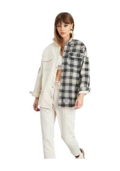 Esb Design Kadın Siyah-bej Ekose Boyfriend Oversize Eskitmeli Jeans Kot Ceket