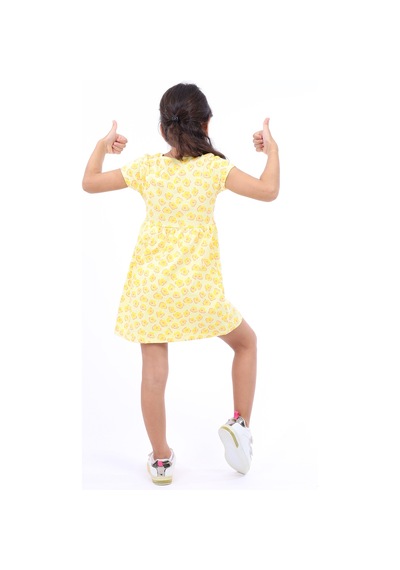 Toontoy Kız Çocuk Bel Kurdela Detaylı Komple Baskılı Elbise Açık Sarı