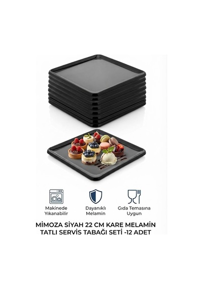 12 Adet Kare Melamin Tatlı Servis Sunum Tabağı Makinede Yıkanabilir Mimoza Siyah 22 Cm