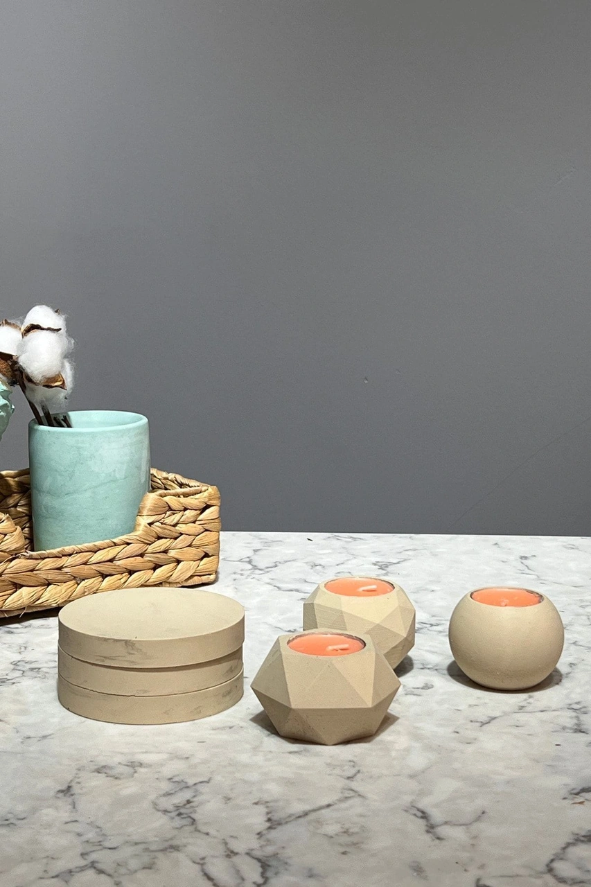 6 Parça Mumluk Seti Beton Tepsili 3'lü Tealight Mumluk Takımı Kahverengi