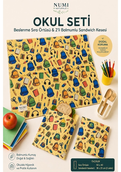 Okul Seti Beslenme Sıra Örtüsü & 2 Li Balmumlu Sandviç Kesesi - Çanta Desenli Çok Renkli