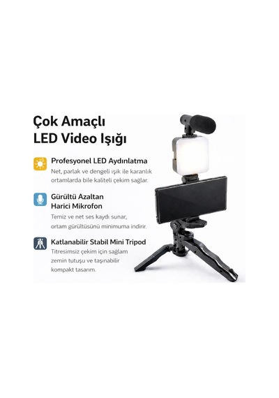 Telefon İçin Video Çekim Seti Led Işıklı Mikrofonlu Tripodlu Vlog Canlı Yayın Selfie Kiti