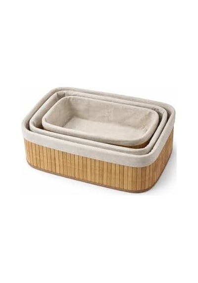 Bambu Meyvelik Sepeti 3 Lü Set Küçük, Orta, Büyük Boy Çıkarılabilir Kumaş Astarlı Doğal Ahşap Dekoratif Tezgah & Masa Üstü Organizer Large 000 Açık Krem