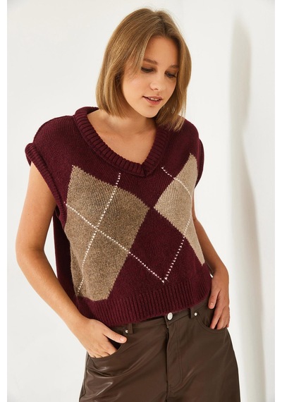 Shade Kadın Premium Baklava Desenli Oversize Triko Süveter Ts241003 60261172 - Bordo