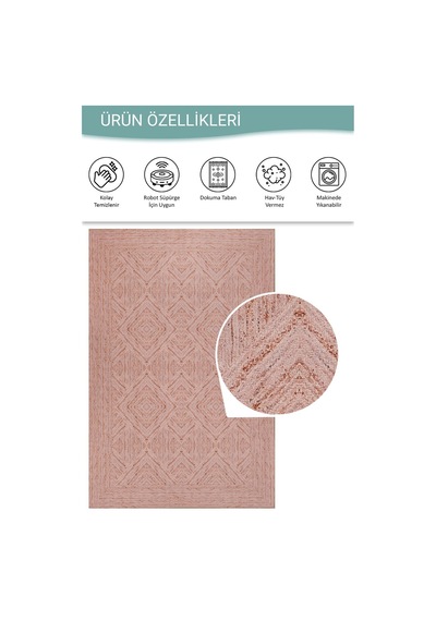 Artloop Nora Pudra Geometrik Desenli Dokuma Tabanlı Modern Şönil Halı Al 497 Pudra - Açık Pembe