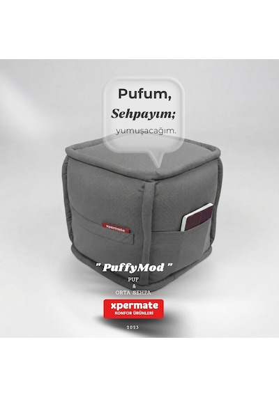 Dekoratif Kare Puf Orta Sehpa Ayak Uzatma Puf 40x40x42 Cm Puffymod Gri