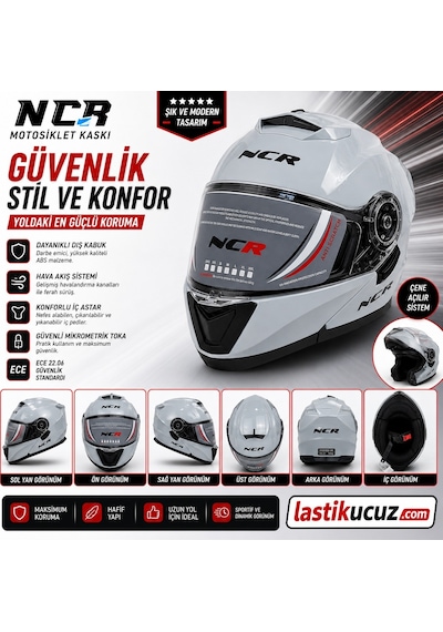 Ncr-160e Çene Açılır Gözlüklü E-ce Belgeli Kask Cool Gri Açık Gri