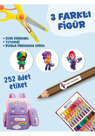 Okul Etiketi Kalem Defter Etiketi Browl Star Özel İsim Yazılabilen Etiket - 252adet