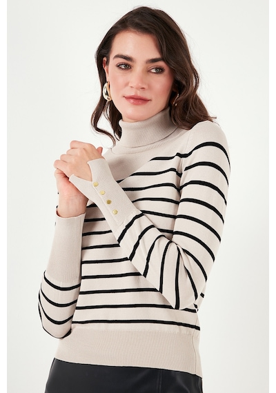 Lela Çizgili Regular Fit Balıkçı Yaka Bayan Kazak 4615565 Ekru