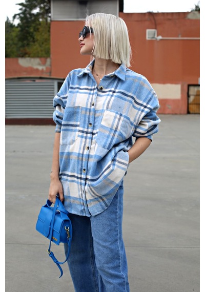 Madmext Mavi Oversize Kadın Oduncu Gömlek Mg1589