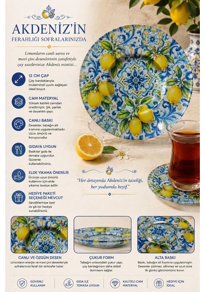 6 Lı Cam Çay Tabağı - Akdeniz Esintili Limon Ve Mavi Çini Desenli 12 Cm - 6 Adet Çay Tabak Sarı