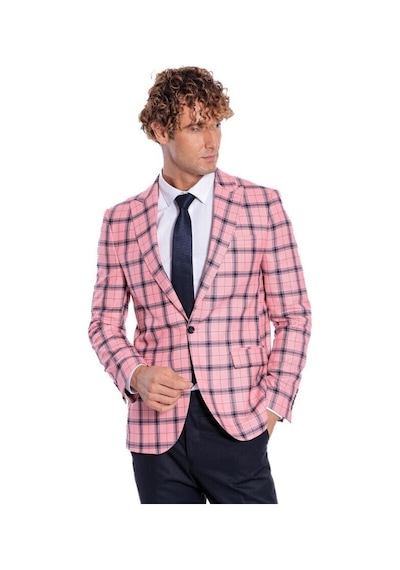 Wessi Ekose Desenli Slim Fit Pembe Erkek Ceket 001