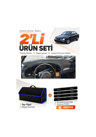 E-biz Kia Shuma 1995-2003 Uyumlu Torpido Örtüsü + Tay Tüyü Bagaj Çantası Seti - Siyah-mavi - Kı017