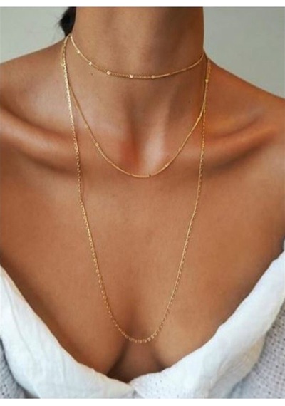 X-Ladyaccessories Kadın Üçlü Şeri Zincir Kolye Gold Kaplama Katmanlı Kolye Choker U Çok Renkli