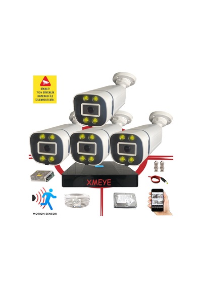 Bises 4 Kameralı Hareket Algılayan 5 Mp Lens 4 Warm Led Gece Renkli Gösteren Güvenlik Kamerası Seti Bs 604w