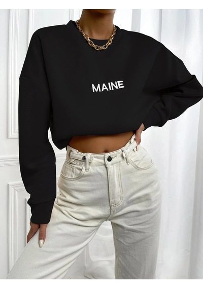 Startmore Kadın Maın Baskılı Oversize Bisiklet Yaka Sweatshirt Siyah Siyah