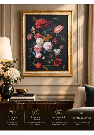 Vintage Klasik Gold Çerçeveli Dark Art Salon Tablosu 60x80 Cm Flemenk Barok Dark Floral Lüks Dekoratif Duvar Tablosu