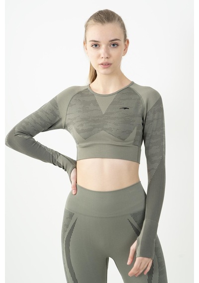 Maraton Active Slimfit Kadın Bisiklet Yaka Uzun Kol Fitness Açık Haki Crop Top 816013 Açık Haki