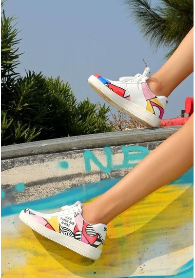 Kadın Vegan Deri Beyaz Sneakers - Painting İn Harmony Tasarım Çok Renkli