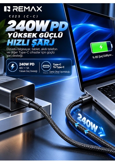 Remax Cb25 240w Pd Type-c To Type-c Örgülü Hızlı Şarj Ve Data Kablosu 1.2 Metre Siyah
