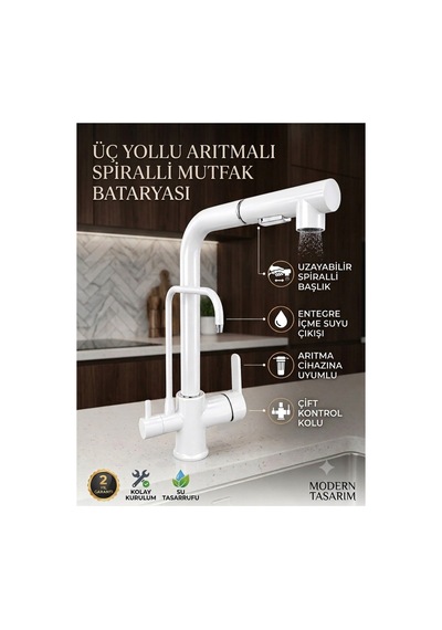 Rena Design Beyaz Aritmali Spiralli 2 Modlu Başlik L Boru Mutfak Evye Bataryasi Prinç Armatür Musluk