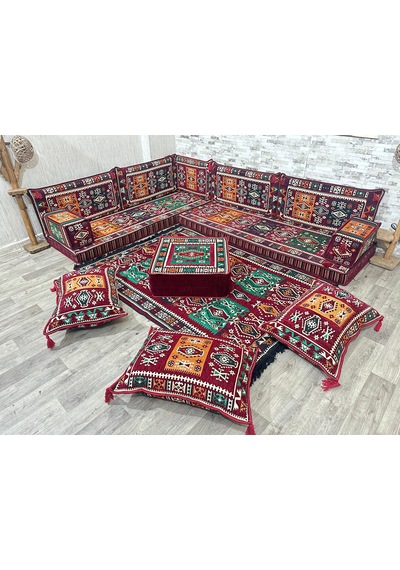 Coton Şark Köşesi Milas Desen Köşe Minder Takımı Bordo