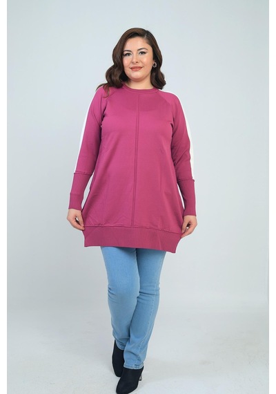 By Saygı Kadın Kolları Şeritli Büyük Beden Tunik Bluz-41842 Mor