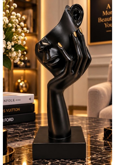 Siyah Düşünen Kadın Büstü Figürü Modern Soyut Dekoratif Heykel 8,5x26 Cm 012-b