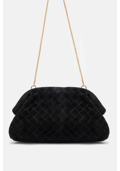 Dericlub Althea Kadın Örgü Desenli Clutch El Çantası Gerçek Süet Deri Siyah