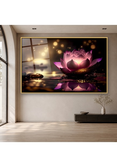Bokeh Işığında Pembe Nilüfer Gold Çerçeveli Cam Tablo
