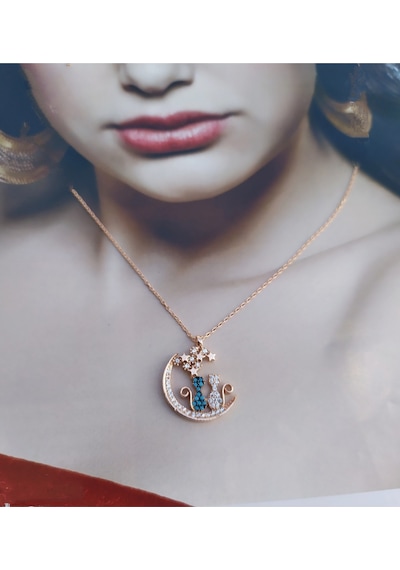 Modahilye 925 Ayar Gümüş Yıldızları Seyreden Kedi Tasarım Aşk Rozegold Kolye Rose Gold
