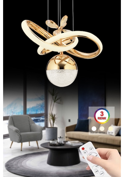 İstanbul Avize Begonvil Gold Kumandalı 3 Renkli Ledli Modern Lüx