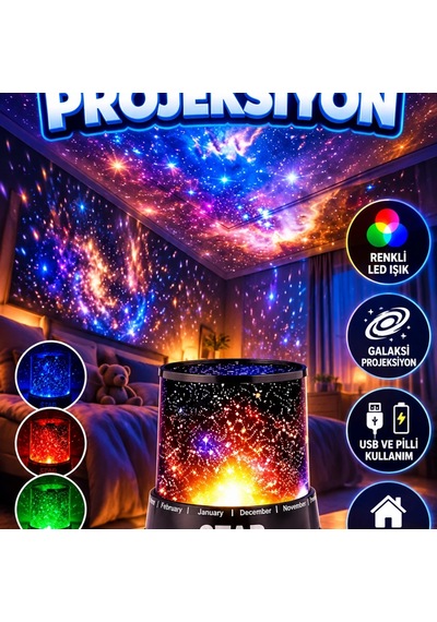 Renkli Led Yıldız Gece Lambası Galaksi Projeksiyonlu Usb Ve Pilli