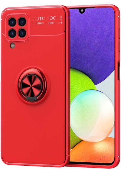 Noktaks - Galaxy A22 4g Uyumlu Kılıf Koruyucu Yüzüklü Karbon Ravel Silikon Kapak - Kırmızı - T22141