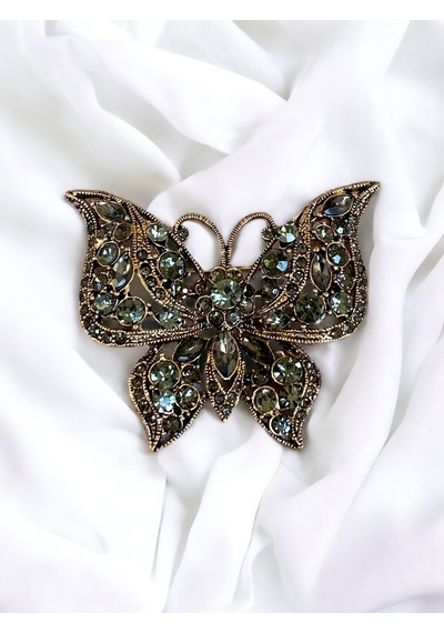 Black Diamond Swarovski Taşlı Kelebek Broş Gri