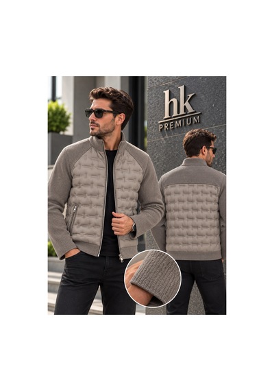 Hk Premium Erkek Mont Daire Baskı Örme Triko %100 Polyester Dik Yaka Ceket Bej