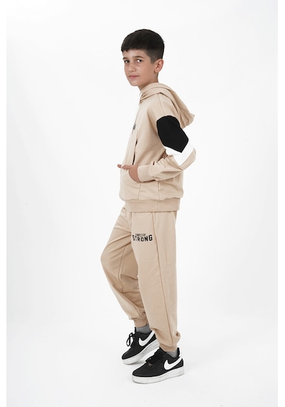 Haykids Erkek Çocuk İki İp Kumaş Baskılı Kapüşonlu Eşofman Takımı Bej