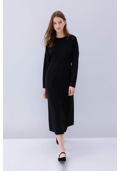 DeFacto Relax Fit Bisiklet Yaka Krep Uzun Kollu Maxi Siyah Elbise D7485AX24WNBK81 Siyah