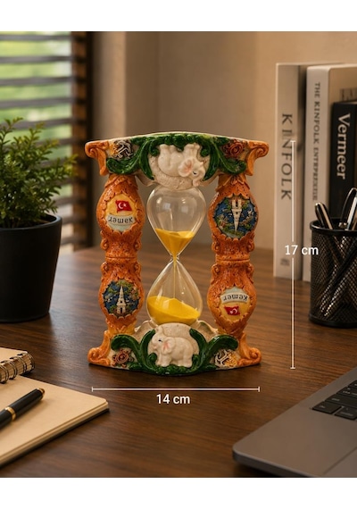 Dekoratif Seramik Kum Saati Fil Figürlü Masaüstü Biblo Ev Ofis Sehpa Konsol Dekoru 17x14 Cm