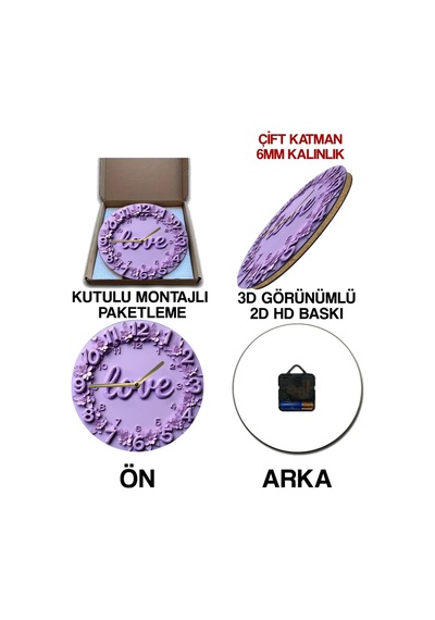 Lovetime Çiçekli Mor 3d Görünümlü Duvar Saati Sdw263 Renkli