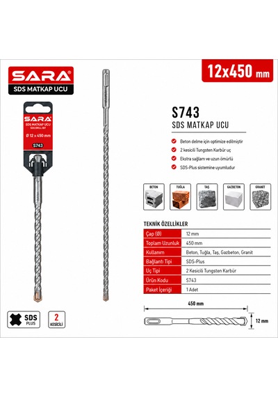 Sara S743 Sds Plus Matkap Ucu 12 X 450 Mm, 2 Kesicili Tungsten Karbür Uçlu