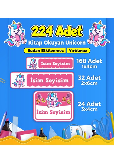 Unicorn Temalı Okul Kreş Kişiye Özel İsim Etiket Seti - Model 165 Çok Renkli