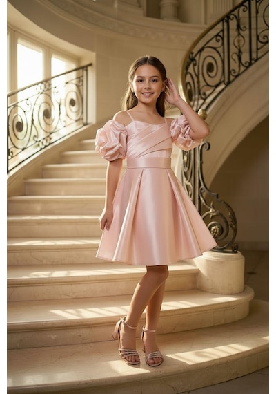 Butikhappykids Kız Çocuk Askılı Pudra Balon Kollu Monoray Kumaş Abiye Elbise 9-15 Yaş Pudra Butikhappykids Kız Çocuk Askılı Pudra Balon Kollu Monoray Kumaş Abiye Elbise 9-15 Yaş Pudra