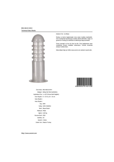 Avonnı Bsu-68132-gr-k Beyaz Elektrostatik Toz Boyalı Dış Mekan Aydınlatma, E27, Aluminyum, Polikarbon Cam, 10cm Sku: Smgstk1e8acd5ff6