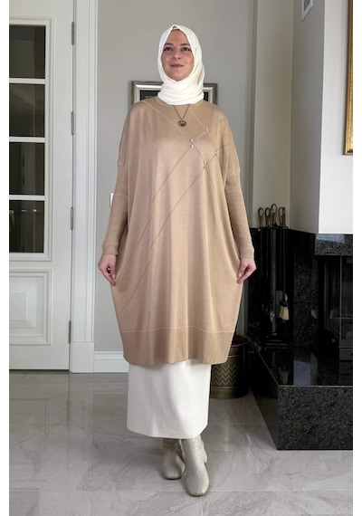 Rabia Şamlı Melda Triko Tunik Bej Çok Renkli