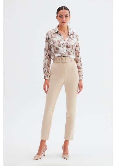 Sateen Yüksek Bel Kemerli Pantolon - Bej